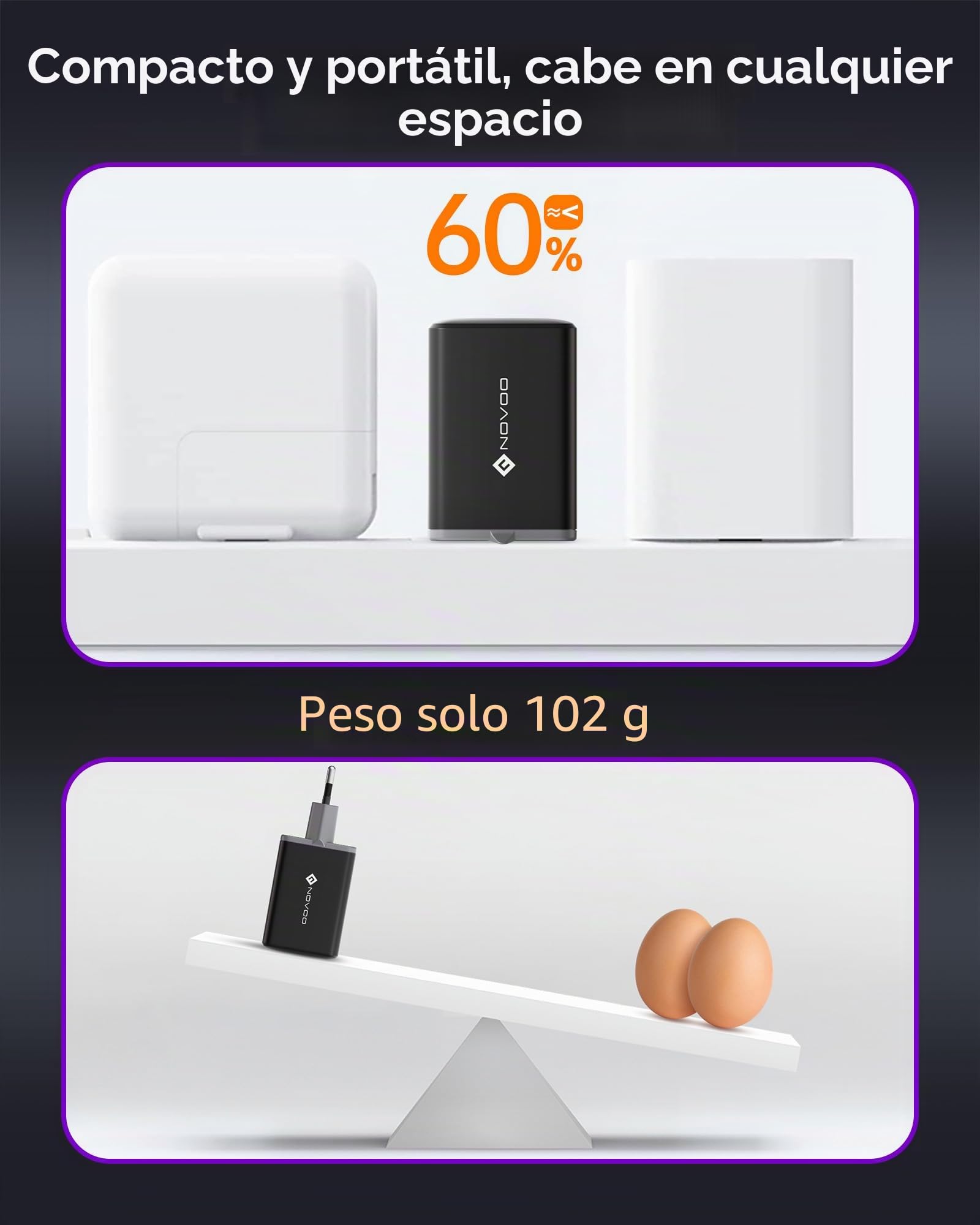 NOVOO USB C cargador rápido 67W adaptador de 3 puertos con 1 cable, GaN Tech