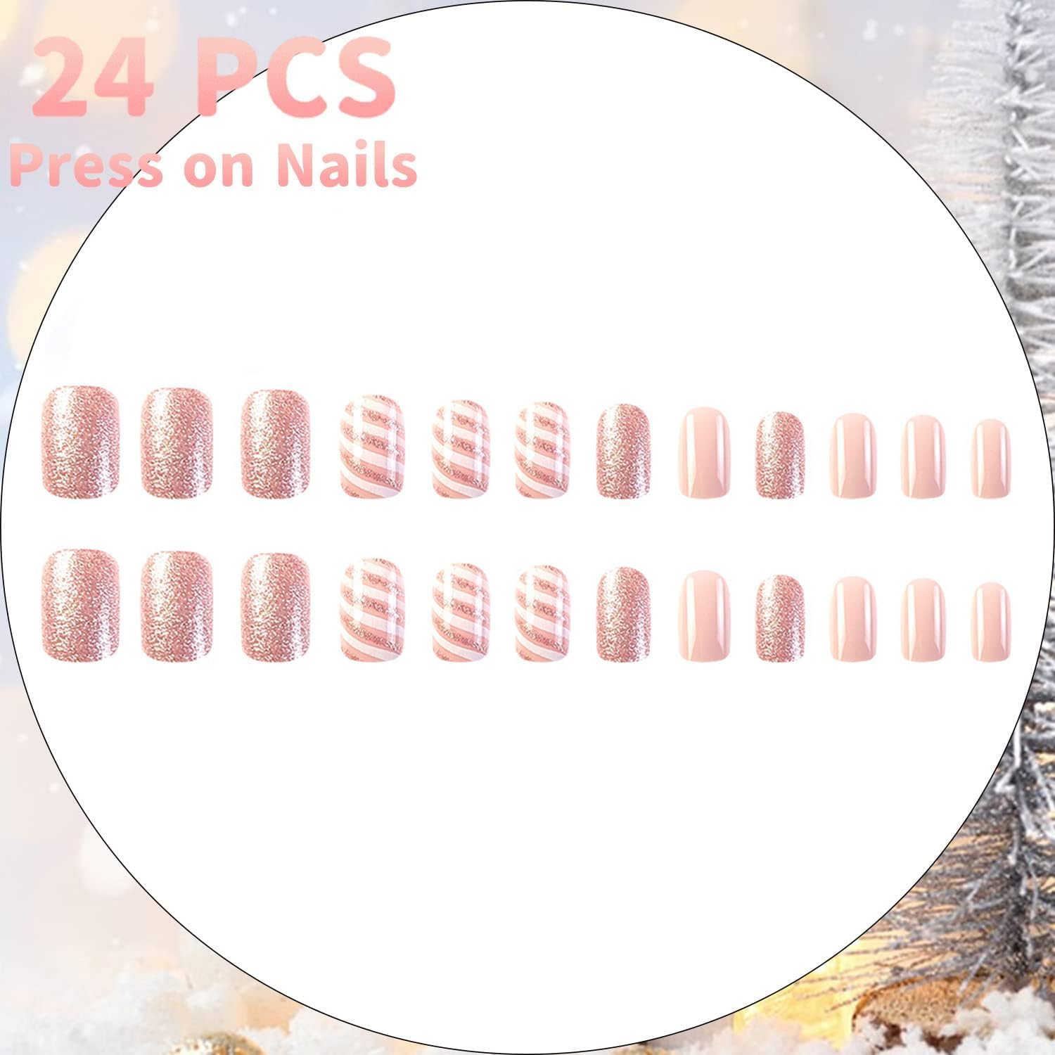Condition photo showing New/Like New for 24 Pieces Christmas Press on Nails: Short Square Fake Nails with Pink Glitter Design — Glossy False Nails Cute Christmas Nails Acrylic Nails Full Cover Glue on Nails Stick on Nails for Women