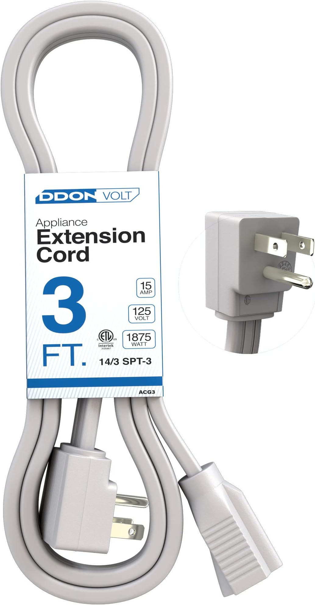 Heavy Duty Flat Extension Cord, 3 Ft Wire Gray Flat Plug