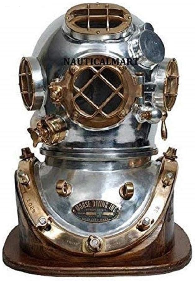 REPLICA MUSEUM Scuba Diving Antique Brass Divers Helmet Us Navy Mark V Solid Brass 18" W/Base Size : 18" Full Size