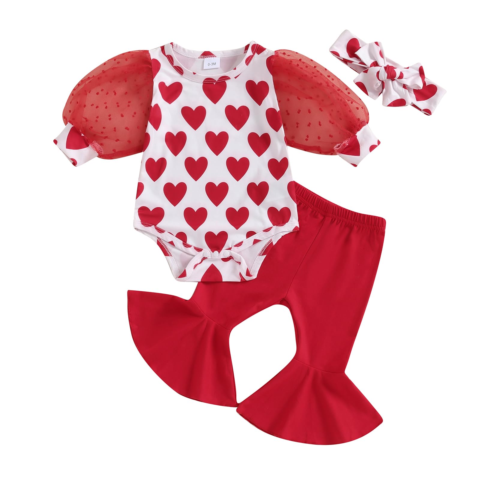 Newborn Baby Girl Valentines Day Outfit Long Sleeve Romper Love Print Bell Bottom Pants Headband Red 6-12 Months