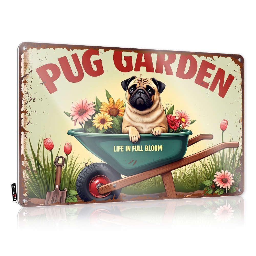 Prints, Decor Playroom Gift For Electrician Pug In Wheelbarrow With Flowers. | Rustic Square Wall Art(30X40CM)