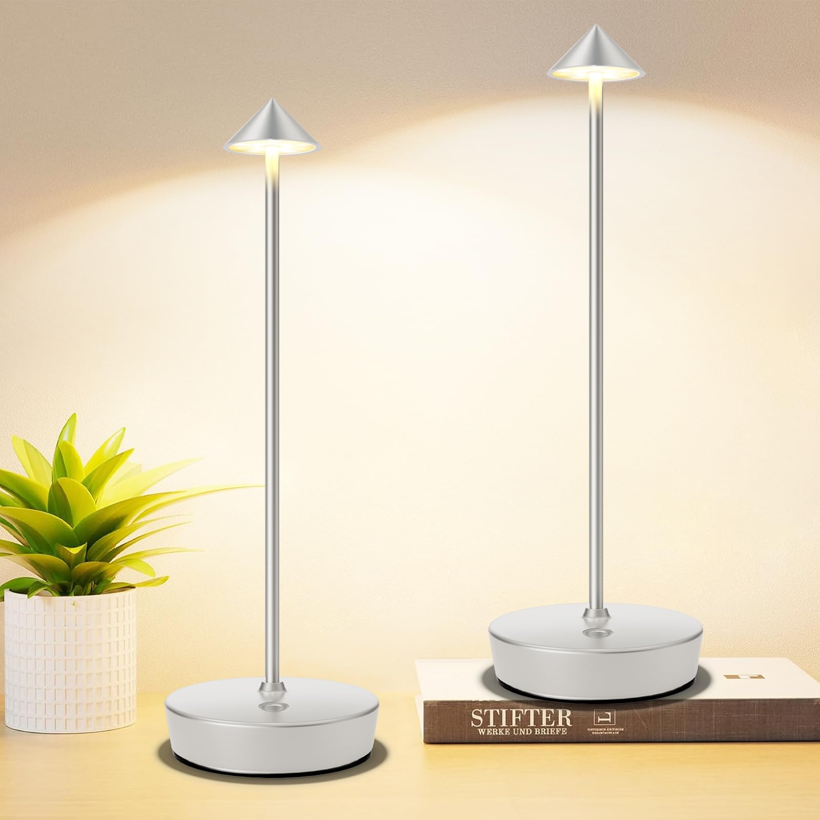 Tpczqj Set of 2 Rechargeable Cordless Table Lamp,6000mAh LED Battery Operated Desk Lamp Touch 3 Color Dimming Portable Outdoor Waterproof Table Light for Patio/Restaurant/Dining/Home (Silver)