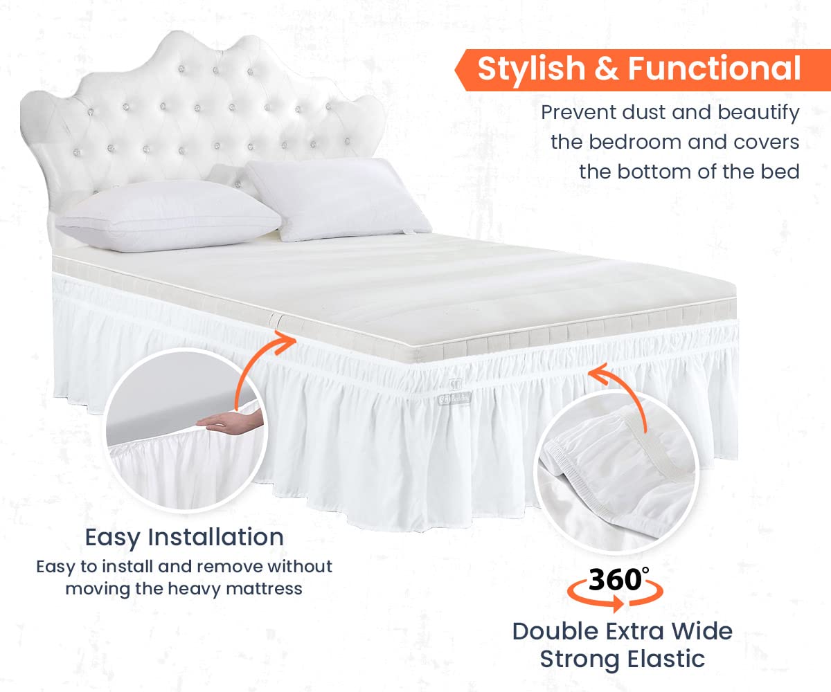 SGI 12 Inch Drop Length Wyoming King Size White Solid Bed Skirt Wrap Around Pattern Easy Fit Easy Care Fade & Wrinkle Resistant-Cotton Microfiber Made