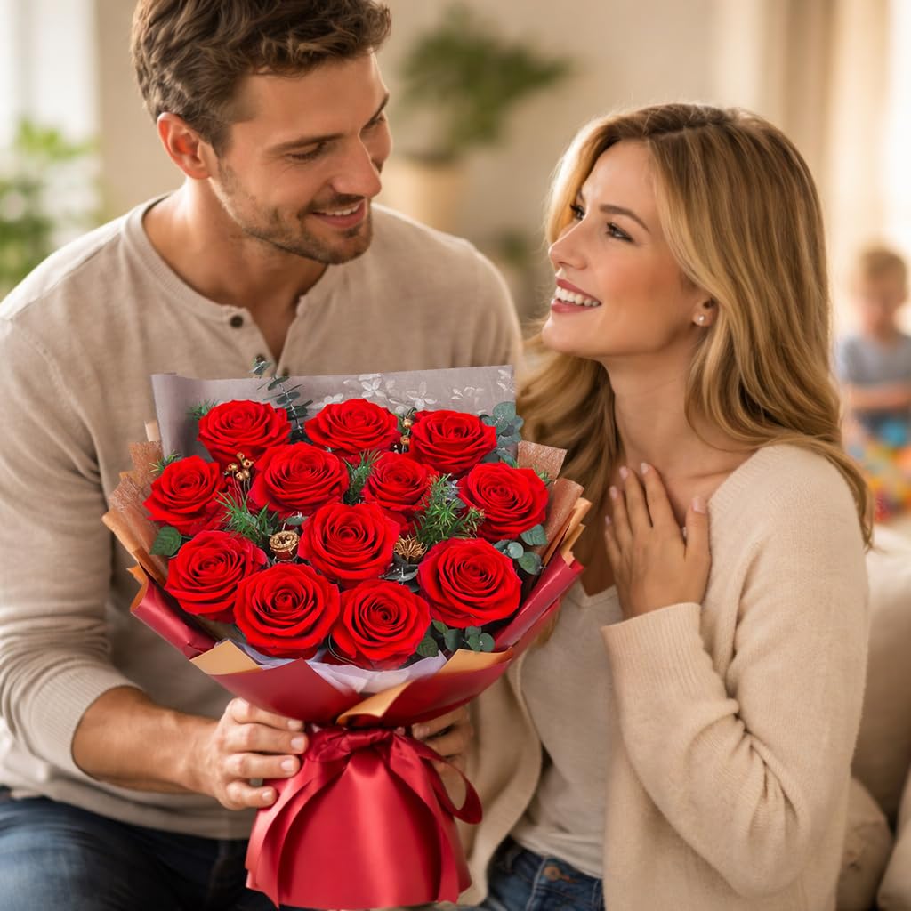 ADDWel Ramo de Flores con 12 Rosas Eternas Regalo para Día de la Madre y el Sant Jordi, Ramo de Rosa Eterna Natural Preservada, Regalos Originales para Mujer Novia Esposa o Mamá Cumpleaños Aniversario