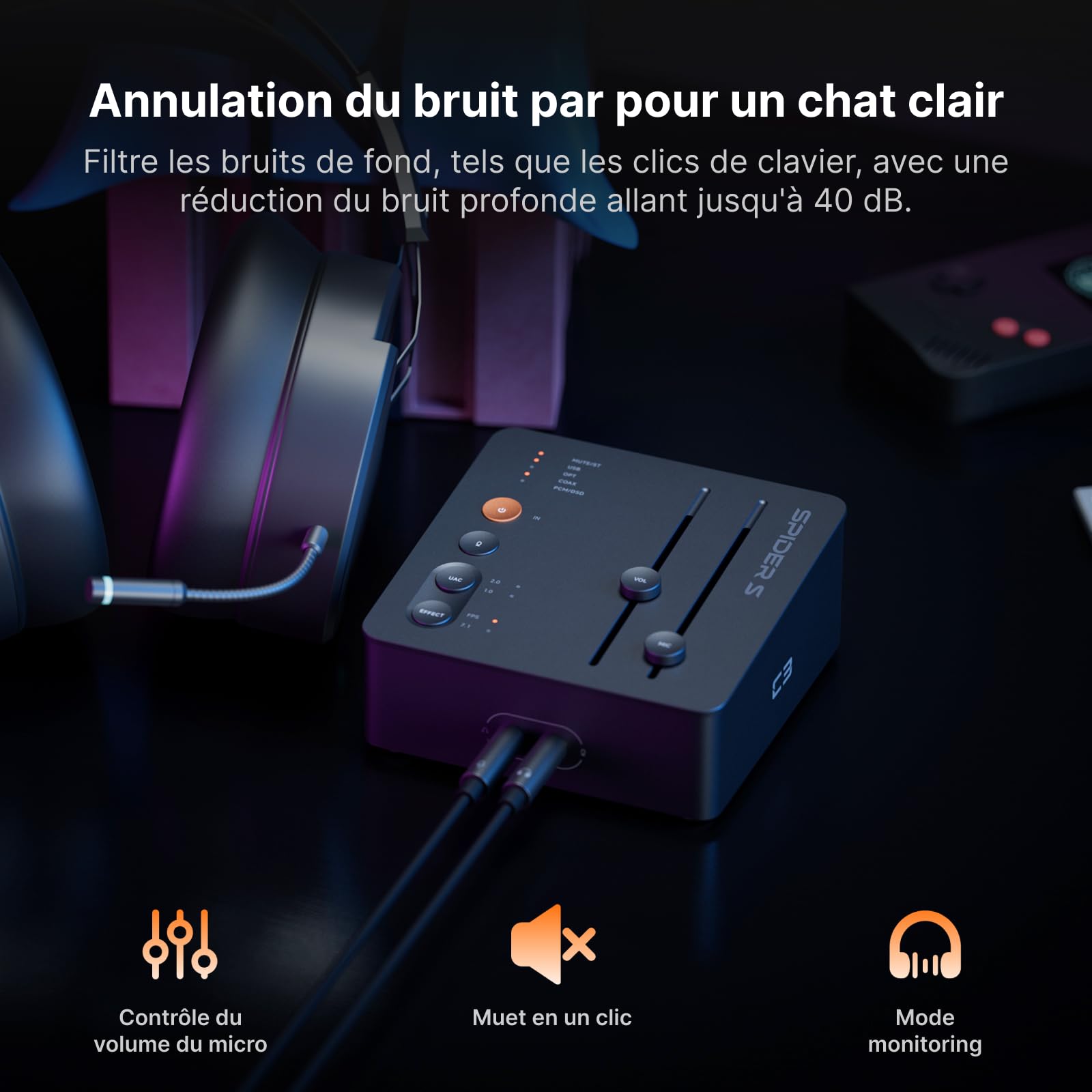 Fosi Audio C3 Gaming DAC, Carte Son Externe USB avec Footstep Enhancement et Son Surround 7.1, Microphone Antibruit pour Le Jeu FPS, Puce XMOS Hi-FI, PCM 384 kHz / DSD256 pour PC/PS5/Switch