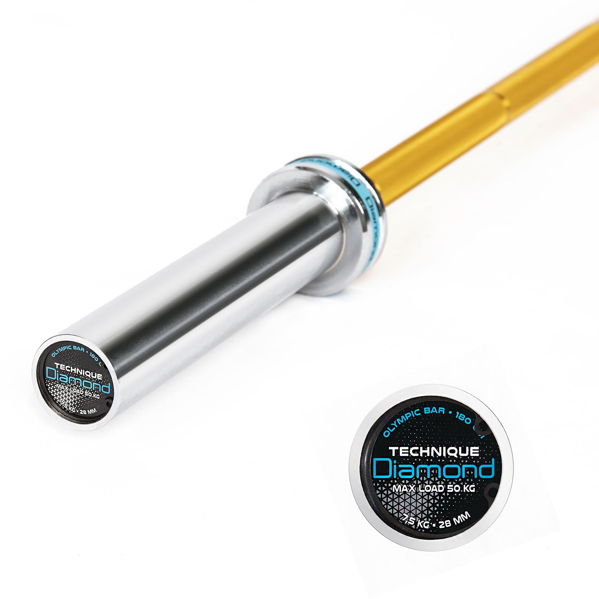 Diamond Barre technique 7,5 kg en aluminium Droppable : charge 50 kg, pour disques trou 50 mm, pour l'enseignement Weightlifting, Cross Training, Gym, Force et résistance