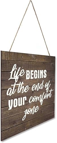 Miniatura 3 de PEALRICH Letrero colgante de madera con cita motivacional "Life Begins At The End Of Your Comfort Zone", placa artística para decoración de pared