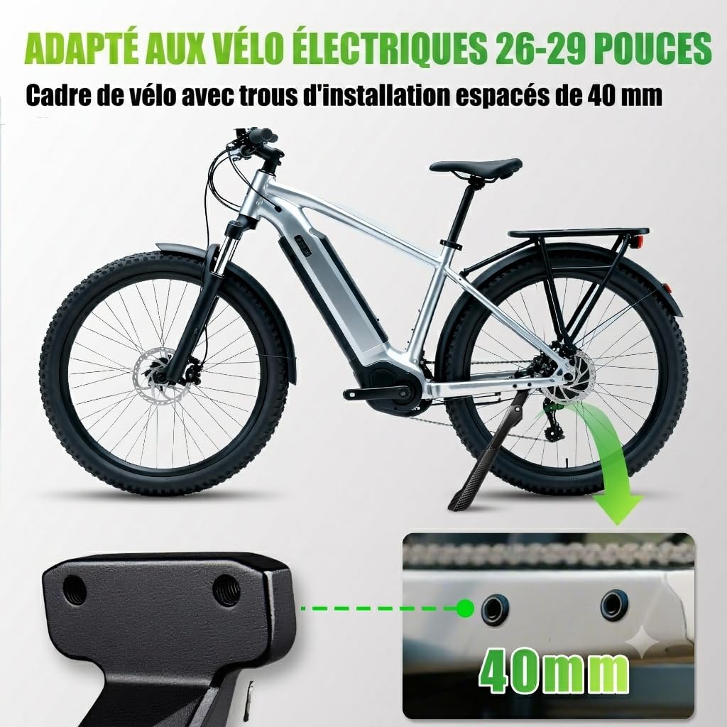RBRL Support de vélo électrique (Roue arrière) – avec 2 Trous de 40 mm, capacité de Charge de 85 kg, béquille latérale en Aluminium Ultra-Robuste pour vélos de 26 à 29 Pouces