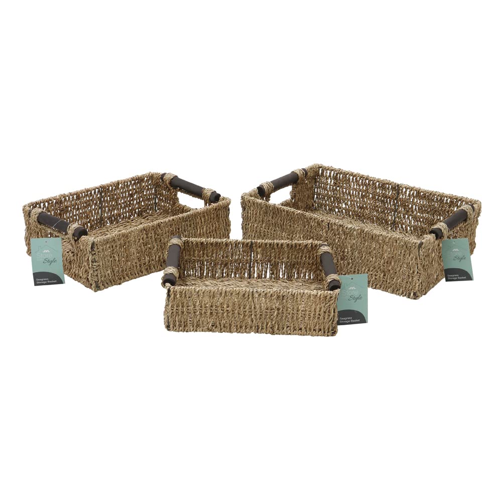 Julian Charles Natural Seagrass Set Of 3 Small Rectangular Storage Baskets (Wood Handles) - One Size