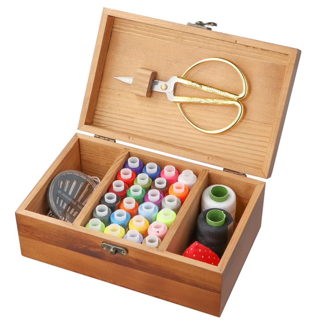 Nähwerkzeug-Set, komplettes Heim-Handnäh-Reparatur-Set mit Retro-Holzbox, Fadennadel-Zubehör für Erwachsene, Teenager, Anfänger