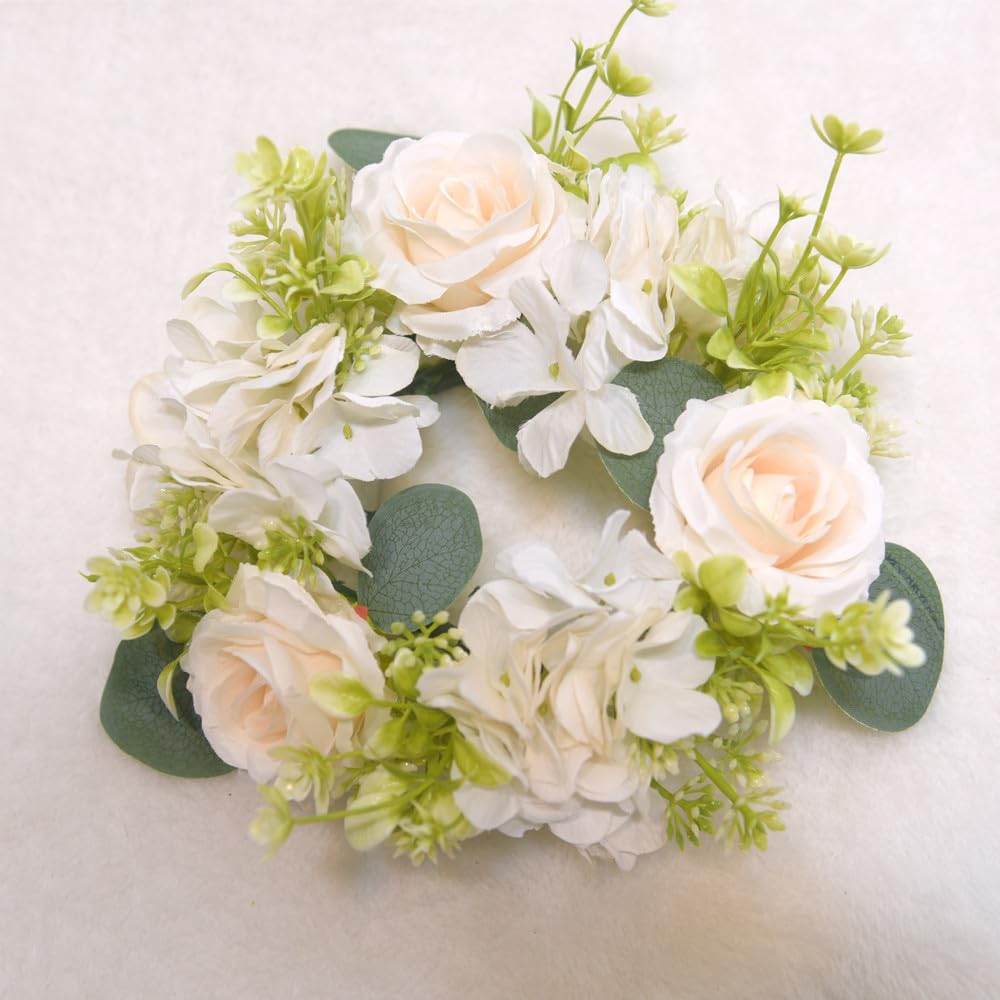 4 ghirlande di ortensie artificiali, con anelli per candele, per Natale, matrimoni, casa, tavolo, feste, decorazione (bianco)
