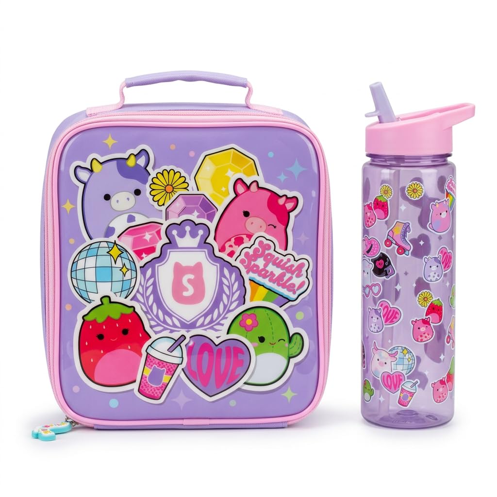 Squishmallows Kids School Lunch Set – Insulated Lunch Bag with 600ml Leakproof Water Bottle, BPA Free, Squish & Sparkle Pastel Design, Girls Lunch Box & Bottle Set