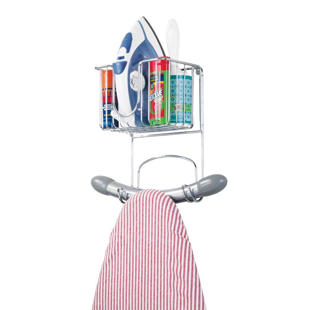 mDesign Wall Mount Ironing Center with Small Basket and Ironing Board Hooks - Chrome