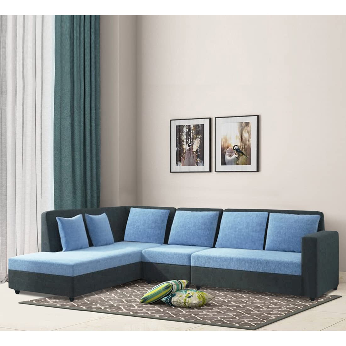 Earthwood Blonser LHS Fabric 6 Seater L Shape Sofa (Light Blue and Black)