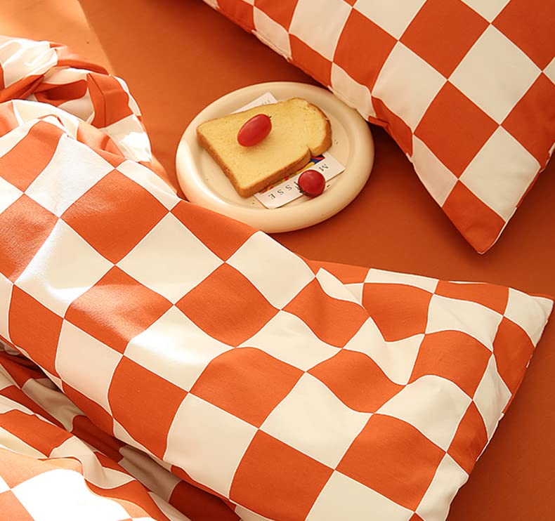 Image of KAREVER Orange White Grid Comforter Set King Burnt Orange Plaid Bedding Set Women Reddish and White Checkered Bed Comforter Set Breathable Blanket Set Men Durable Bedding Comforter Set