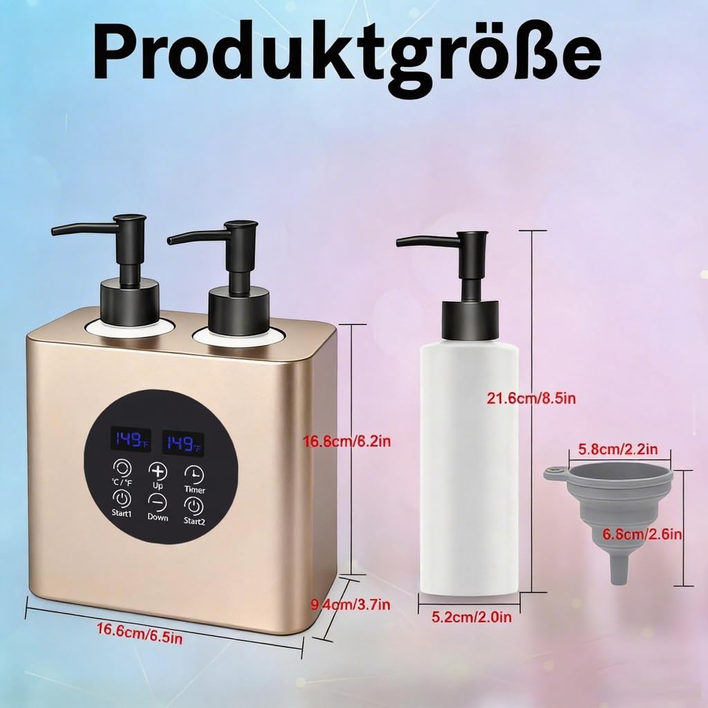 Professioneller Doppelflaschen Massageöl Wärmer mit 4 Flaschen, Einstellbare Temperatur 30–65°C & Timer 0,5–24H für Spa (Champagnergold)