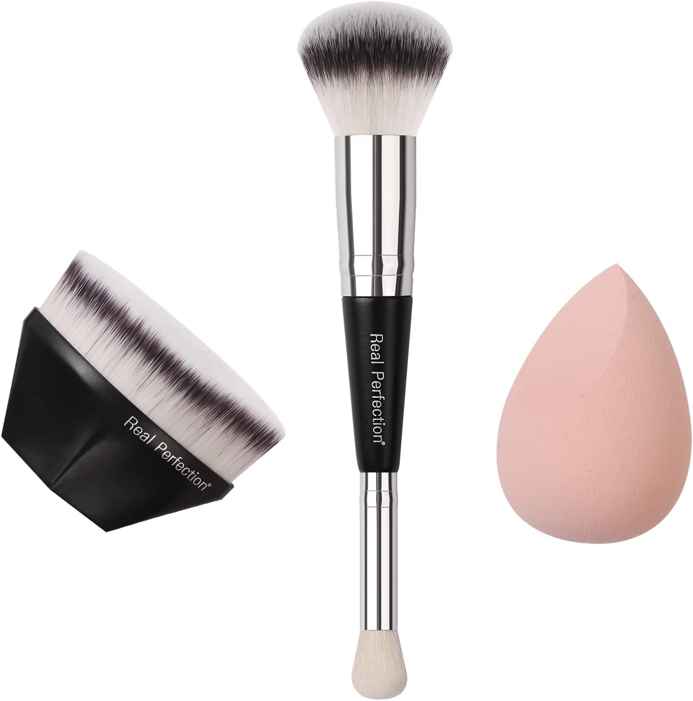 Real Perfection 3 pcs Makeup Brush Set, Foundation Brush Flat Top Kabuki Brush Dual-end Brush Latex Free Makeup Blender Sponge for Foundation Powder Blush Concealer Blending Liquid Cream