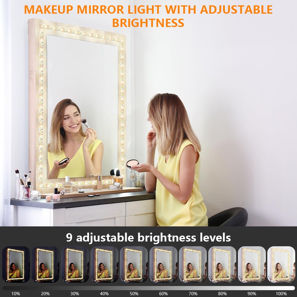 URAQT Luci Da Specchio, USB Luci per Specchio da Trucco per tavolo da toeletta, Striscia LED Flessibile da 4 m LED, 3 Modalità Colore, 9 livelli di regolazione, Kit per Specchioper il bagno