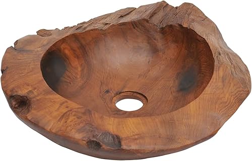 Miniatura 8 de Lavabo de madera de teca maciza, fregadero de baño sobre encimera, estilo natural hecho a mano, 17.7 pulgadas, marrón, para baño doméstico