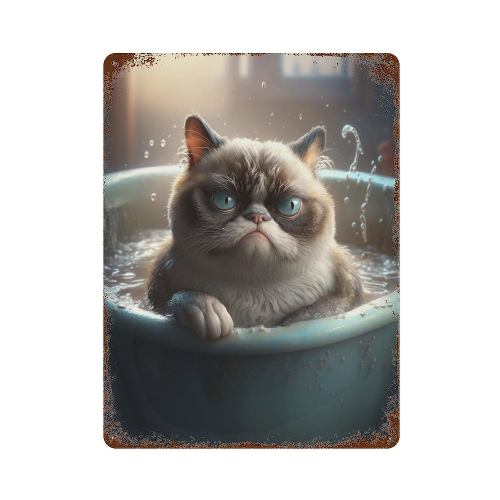 Retro Metal Sign with Grumpy Cat Meme Bathtub Design 15.7"x11.8", for Shed, Workshop And Garage Wall Decor, Industrial Home Decor