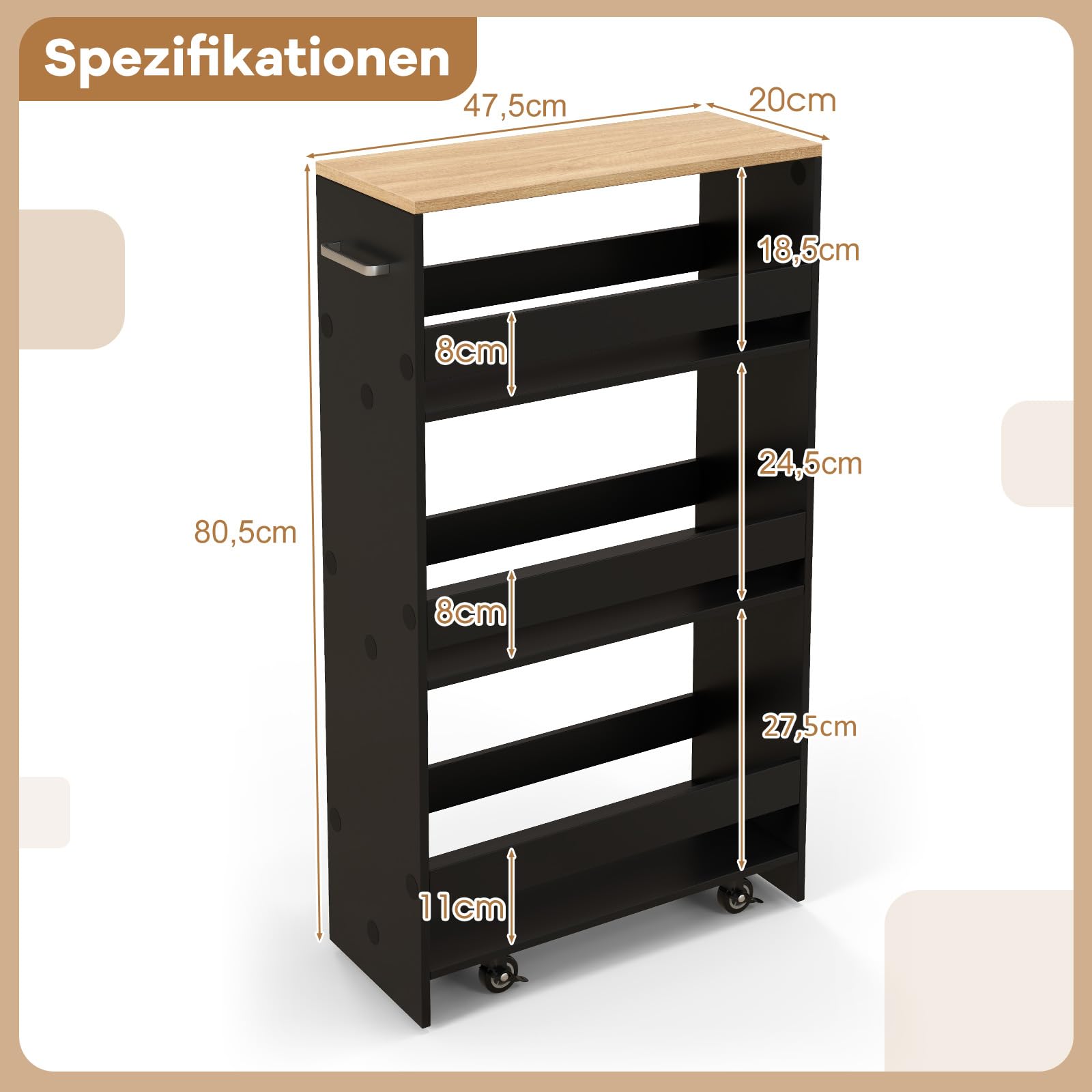 GIANTEX Badezimmerschrank Schmal, Nischenschrank Badezimmer, Nischenregal 20cm Breit, Platzsparender Badschrank, Nischenwagen Rollwagen mit Rollen, 47,5x20x80,5cm, Kleiner Schrank für Badezimmer Küche
