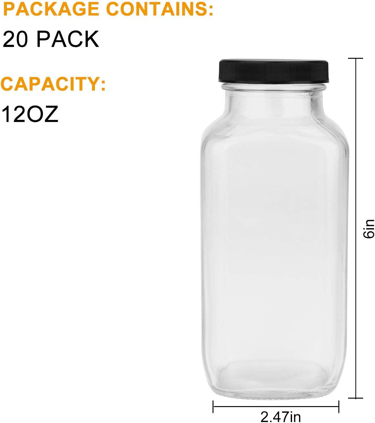 Encheng Beverages Drinking Bottles 12oz,Glass Water Botttle with Lids,Octagonal Vintage 350ml,Juice Bottles for Storage Tea,Kombucha,Milk Smoothies Jars 20Pack Black 12oz
