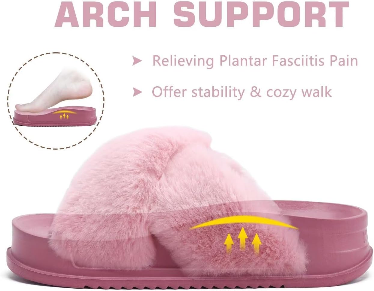 KuaiLu Women's Fuzzy Cross Band Platform Slippers Furry Faux Fur Comfortable Arch Support Open Toe Slides for Indoor Outdoor - Image 3