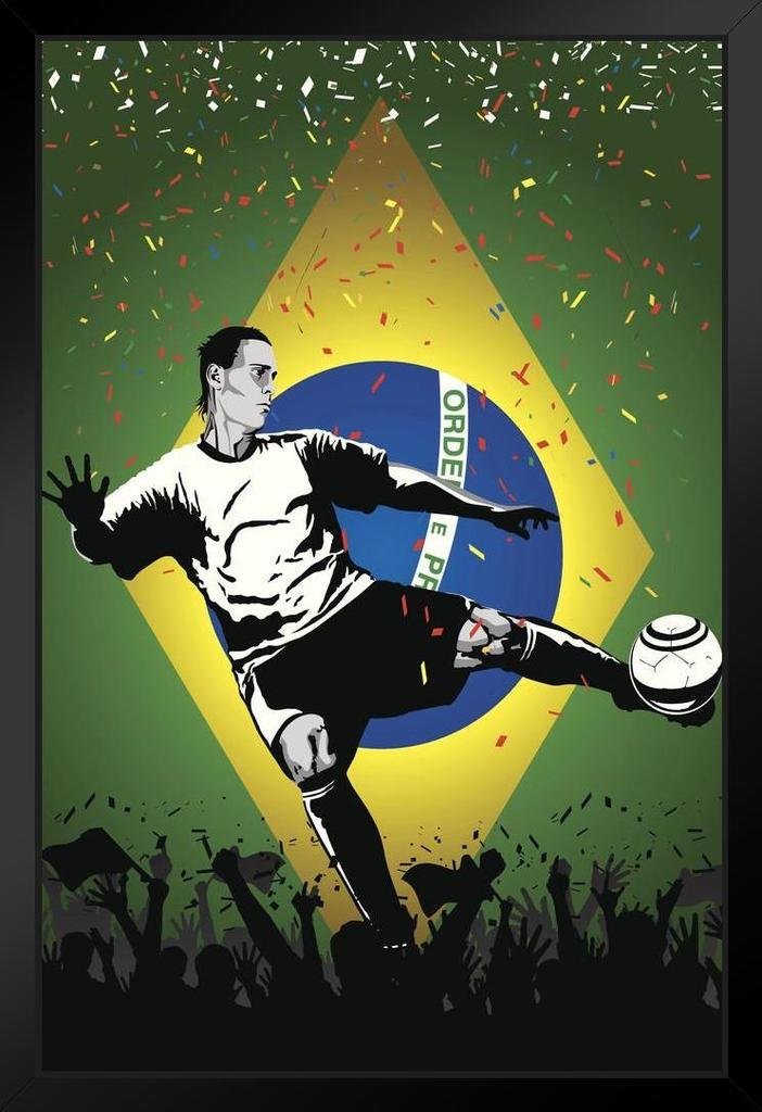 Brazil Soccer Player Sports Black Wood Framed Wall Art 14x20