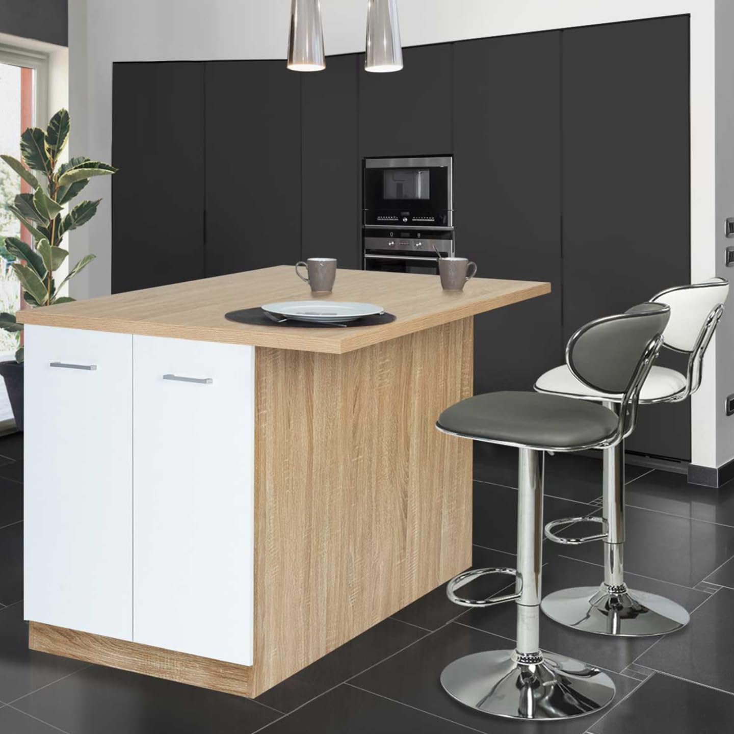 IDMarket - Ilot Central IVO 120 cm Bois façon hêtre Portes Blanches avec Plan de Travail