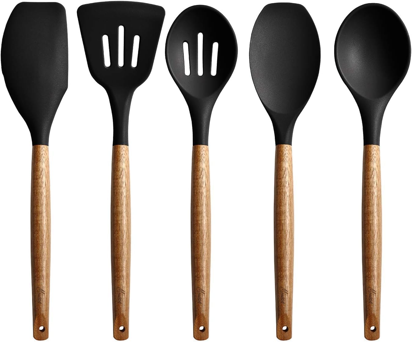Silicone Kitchen Utensil Set with Wooden Handles, 5-Piece Cooking Tool Set – Spatula, Slotted Turner, Slotted Spoon, Serving Spoon, Soup Ladle