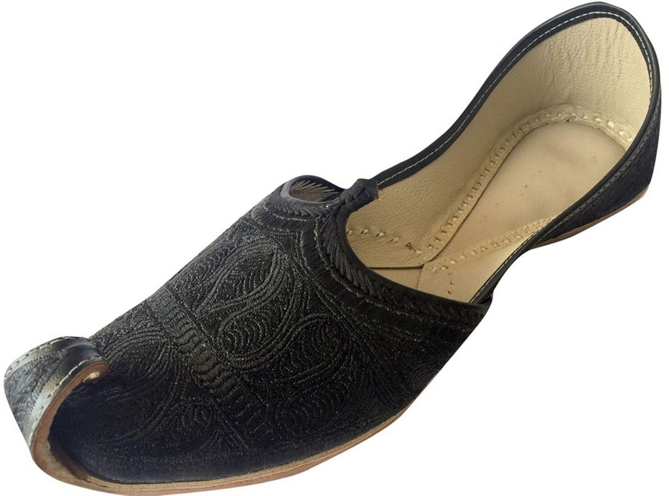 Step n StyleMen's Flat Full Black Zari Khussa Shoes Pakistani Style Punjabi Jutti