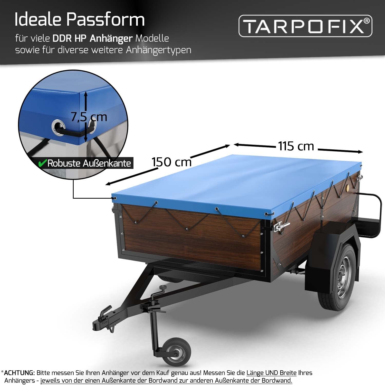 Tarpofix Plandeka na przyczepę, 150 x 110 cm, w zestawie linka do plandeki, płaska plandeka na przyczepę, wykonana z materiału PCW, wzmocniona plandeka HP DDR do przyczep samochodowych do różnych