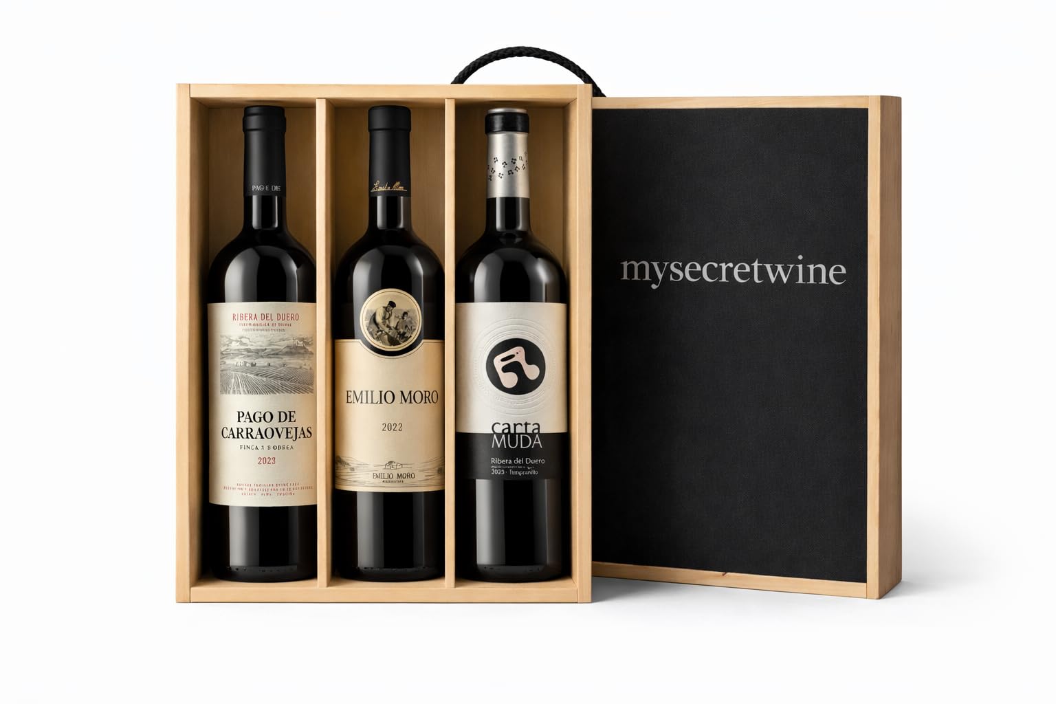 Pack Regalo Vino Tinto Ribera del Duero – Pago de Carraovejas + Emilio Moro + Cantamuda Parcela 64 – Estuche de Madera – 3 Botellas - Mysecretwine