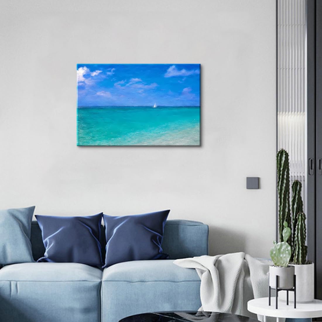 アートパネル モダン 絵写真 「ヨットと珊瑚礁の波打際」 パネル付き 絵画 インテリア おしゃれ 玄関 風水 絵 壁掛け 風景 北欧