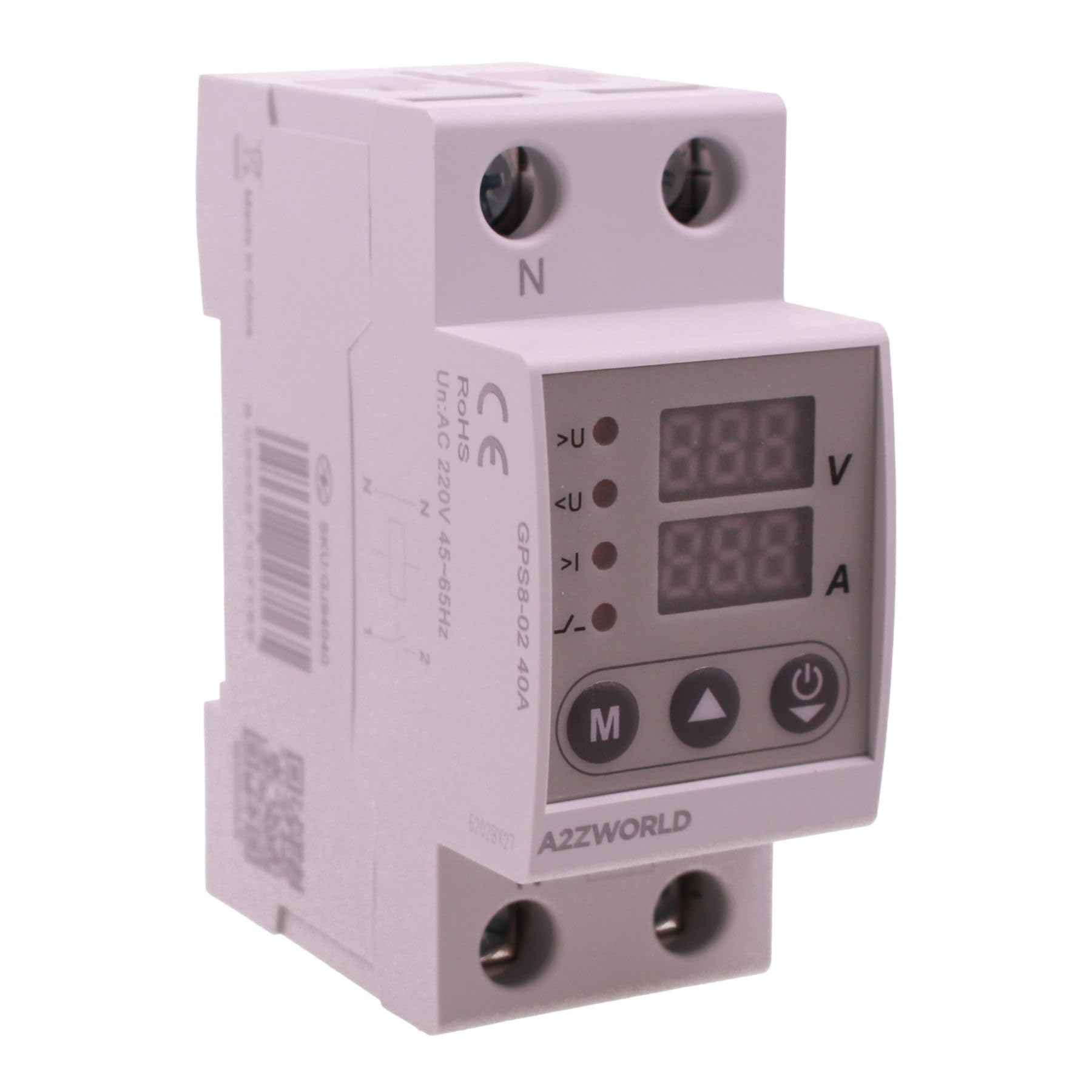 Relè Monitoraggio Protezione Tensione e Corrente Monofase 2P 40A con Display, Sovra/Sottotensione e Sovracorrente Regolabili, Guida DIN, Ingresso da Sotto, GPS8-02