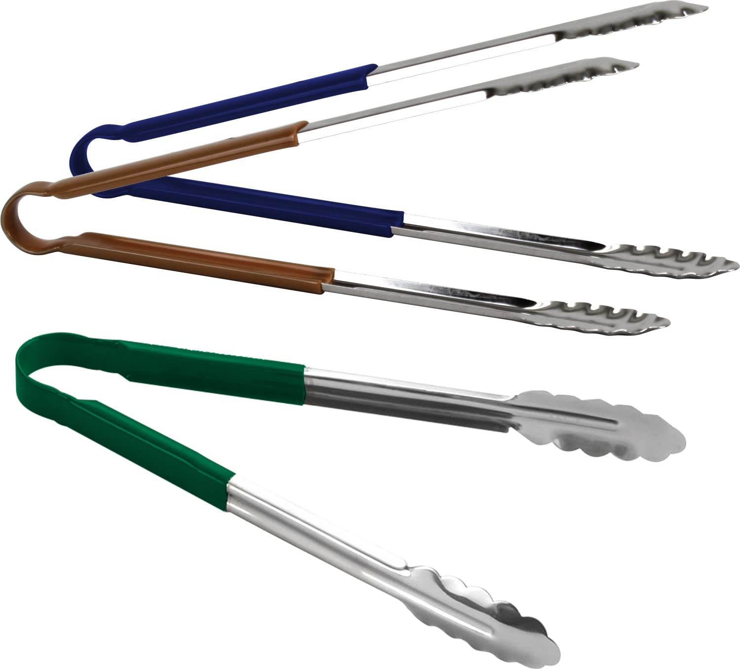 3pc Catergold Professional 15" (38cm) Stainless Steel Food Tongs Set (Green Blue Brown)