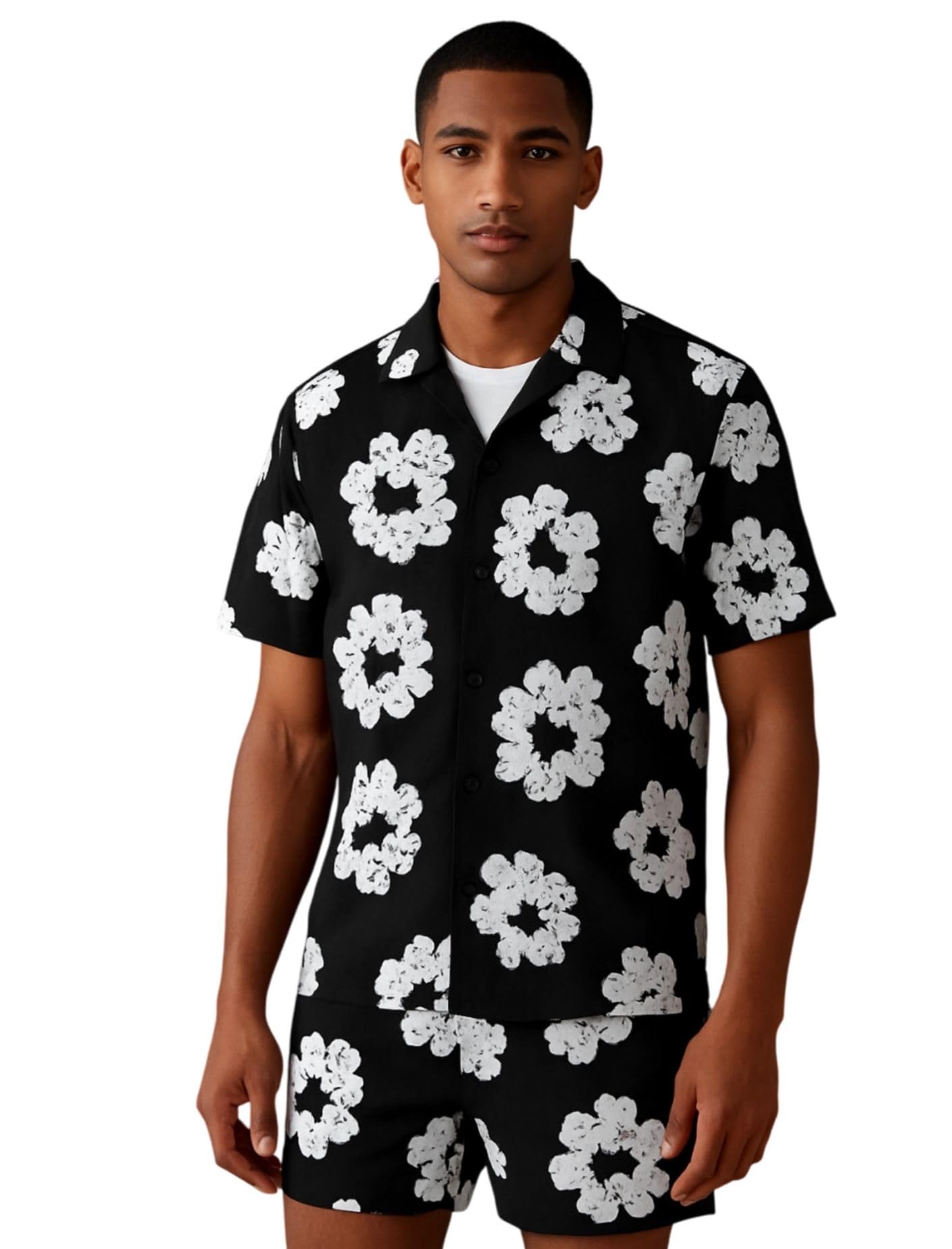 Men’s Printed Co-Ord Set | Plus Size Casual Shirt & Shorts Set | Nightwear Pajama Suit, Loungewear, Beachwear & Vacation Outfit Design No NS JIO Black-picture-15