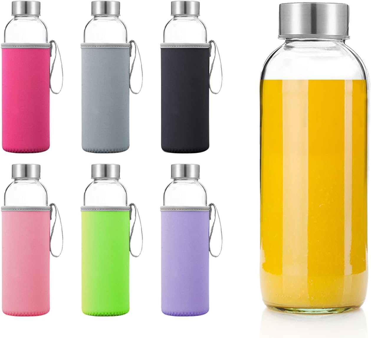 Glass Water Bottles 6 Pack With Sleeves and Stainless Steel Lids - 18oz Size - Leak Proof Caps, Reusable and Perfect For Travel and Storing Beverages Juice, Smoothies, Kombucha, Kefir, Tea