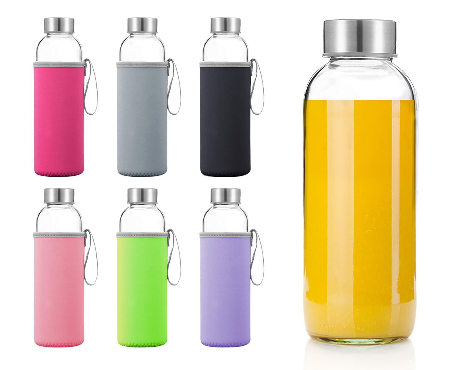 Buy Glass Water Bottles 6 Pack Deluxe Set 18oz Includes 6 Sleeves