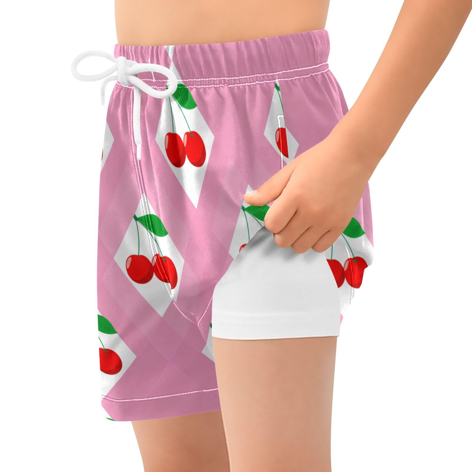 YANENDIE Boy Swim Trunks with Compression Liner Pink Geometric Cherries Boys Swim Shorts Quick Dry Beach Shorts