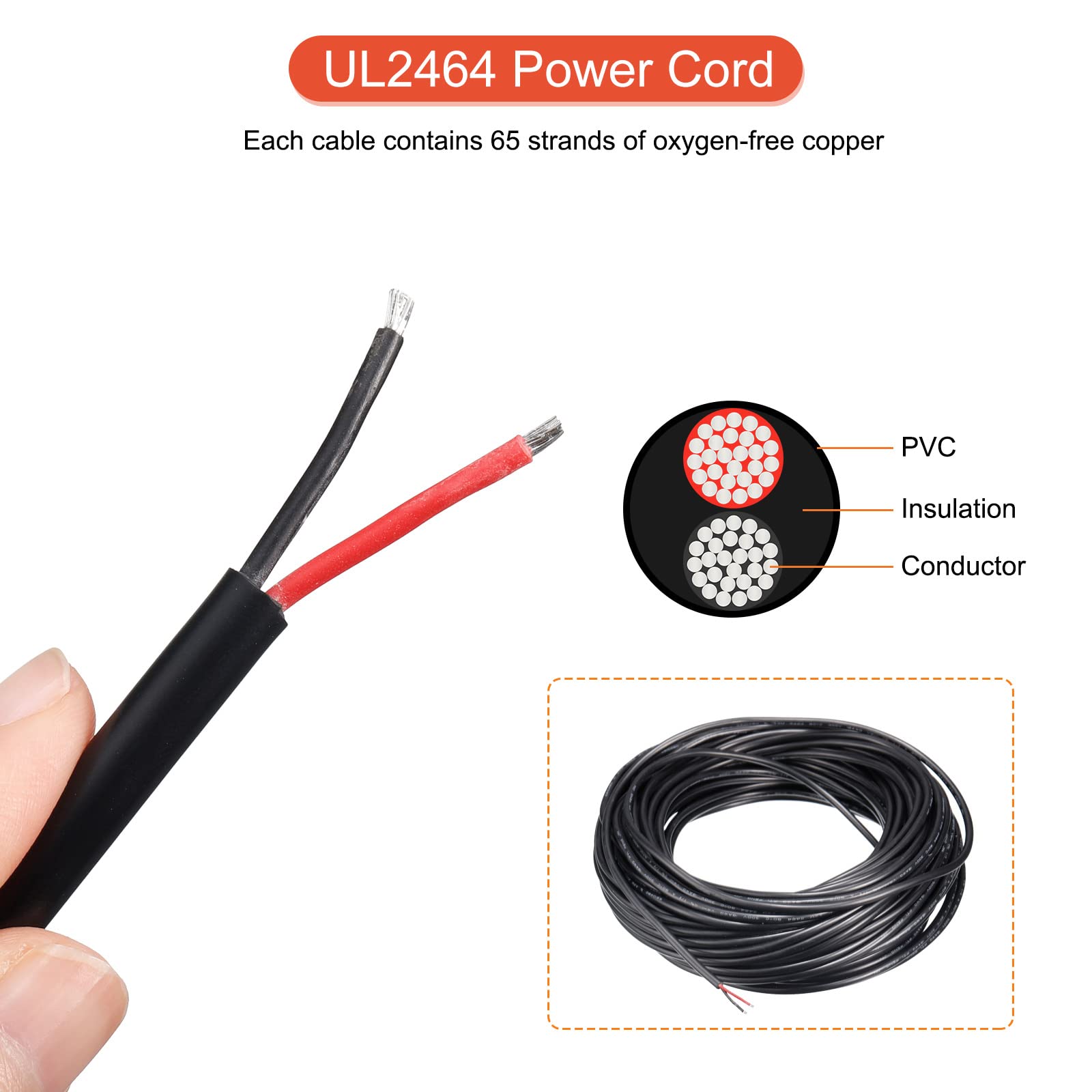 sourcing map Alimentación Cable 2 Conductor Eléctrico Cable 18AWG 100 Pies 30,5 Metros UL2464 Eléctrico Cable PVC Cordón Cobre Cable para LED Tiras Lámparas Iluminación