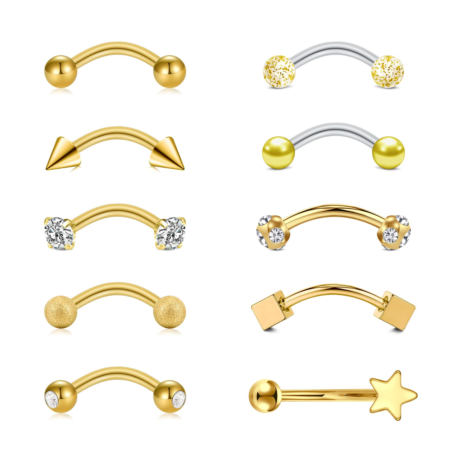 WillTen 10Pcs Rook Piercing Augenbrauenpiercing, 16G 8mm Chirurgenstahl Augenbrauen Piercing Vertical Labret Lippenpiercing Barbells Banane Industrial Bauchnabel für Damen Silber Gold Rosa Schwarz