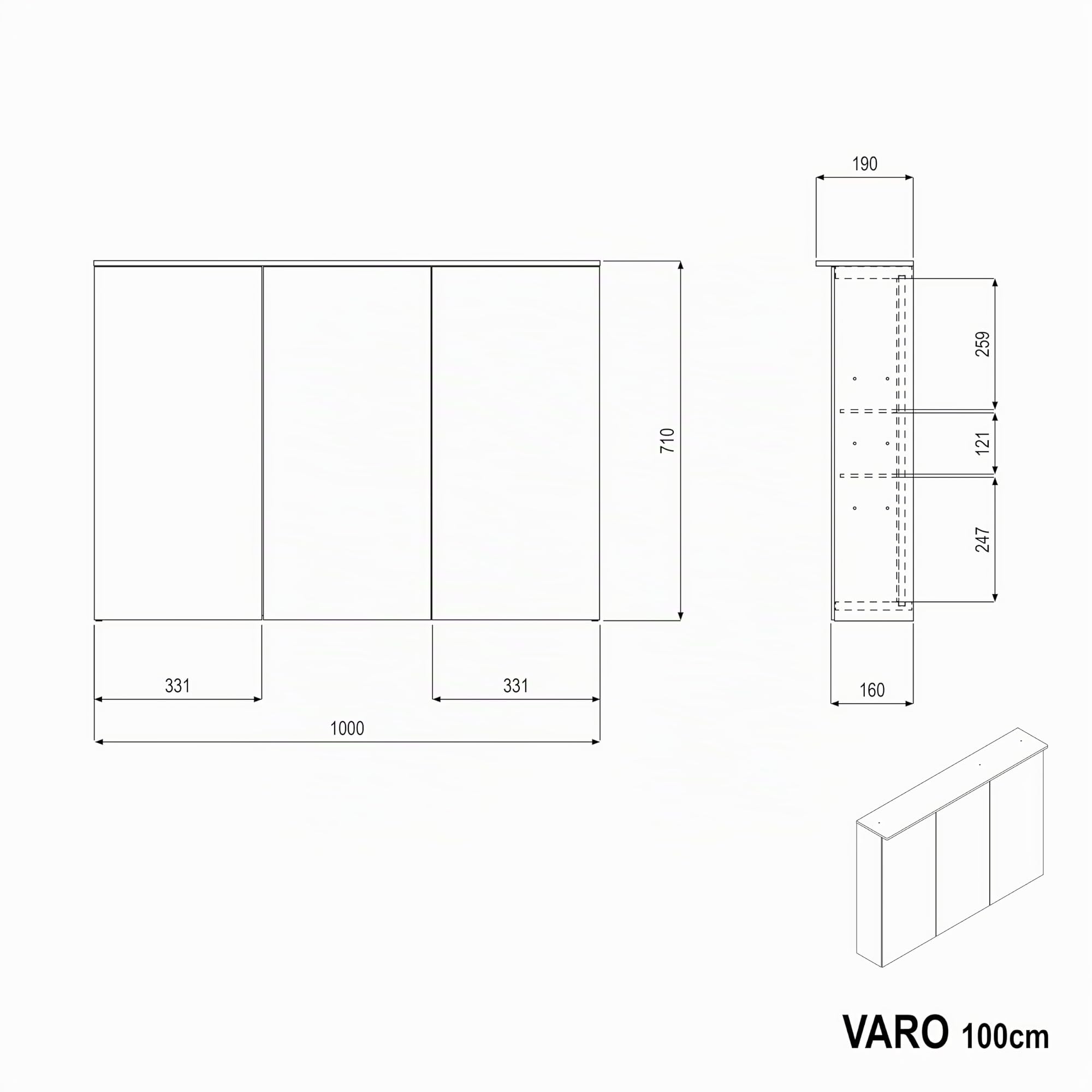 Bernstein LED-Spiegelschrank VARO 3-Türig 100cm – Badezimmerspiegel mit Waschtischbeleuchtung, Innenverspiegelung, Steckdose, Soft-Close-Türen, Wandmontage – Badezimmerbeleuchtung & Badspiegel