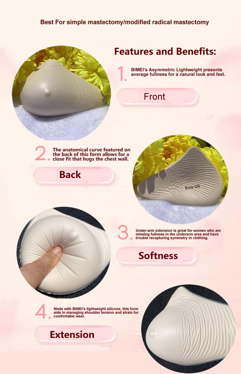 BIMEI Prothèse de mastectomie pour femme chirurgie mammaire légère super douce ultra silicone forme de sein asymétrique une pièce L22, beige, 8R