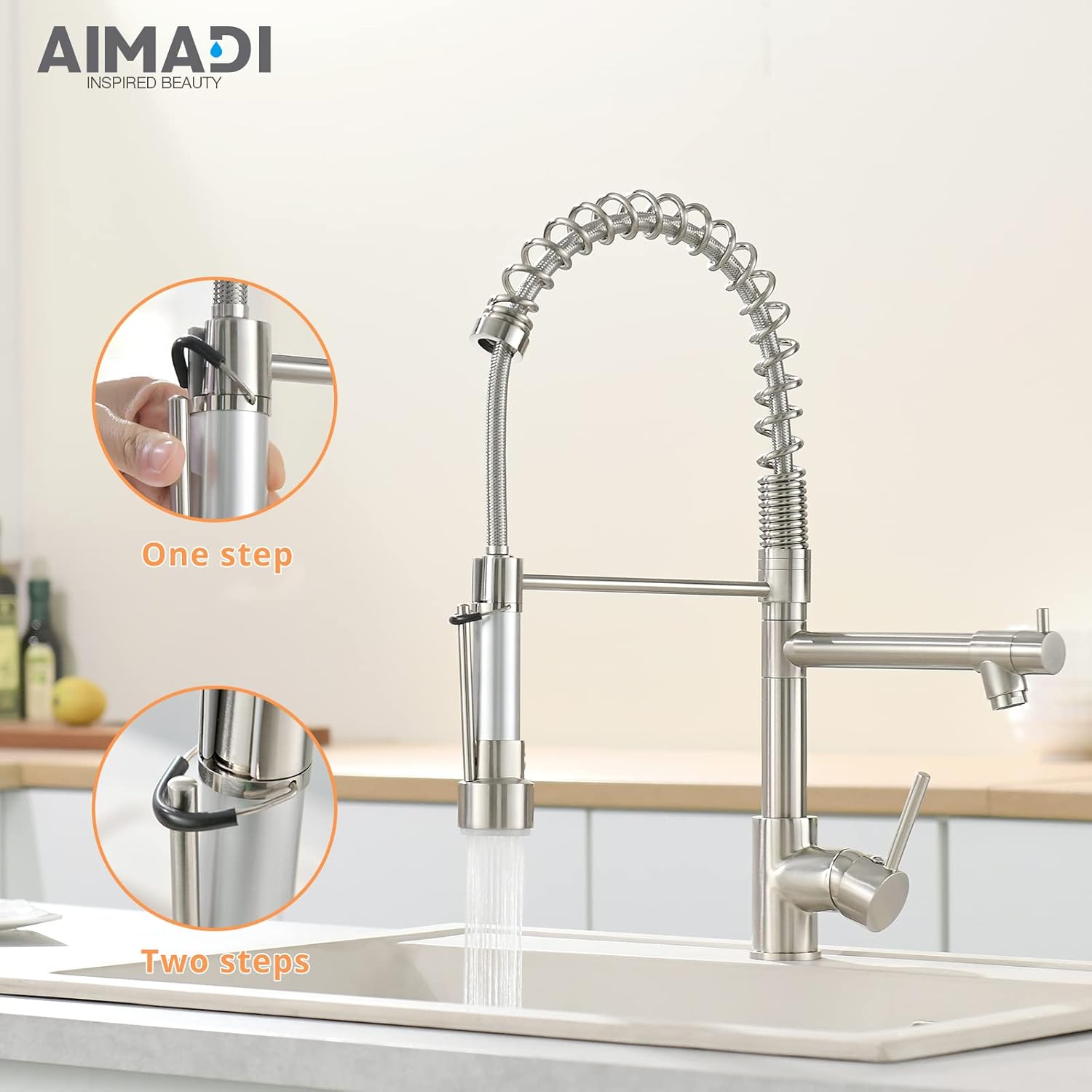 AIMADI Kitchen Faucet with Pull Down Sprayer,Commercial Single Handle High Arc Stainless Steel Brushed Nickel Kitchen Sink Faucet - Image 2