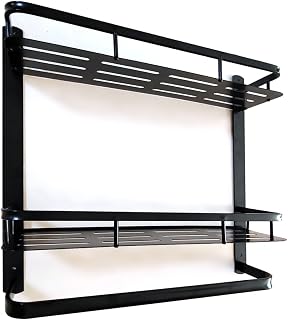 Shower Caddy, 2 Pack with Towel Hanger, Black | No-Drilling, Rust-Proof Aluminum Alloy, Adhesive, Large Capacity
