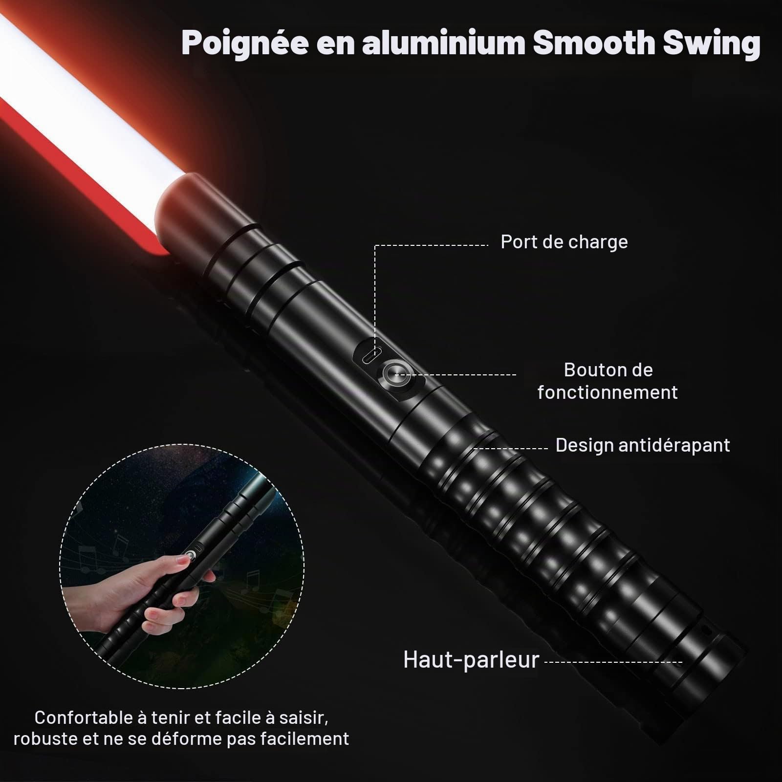 Sabre Laser RGB Duel Lightsaber 15 Couleurs 12 Soundfonts de Combat Simulés,Cadeaux de Noël & Jedi Knight Cosplay丨Chargement USB Noir