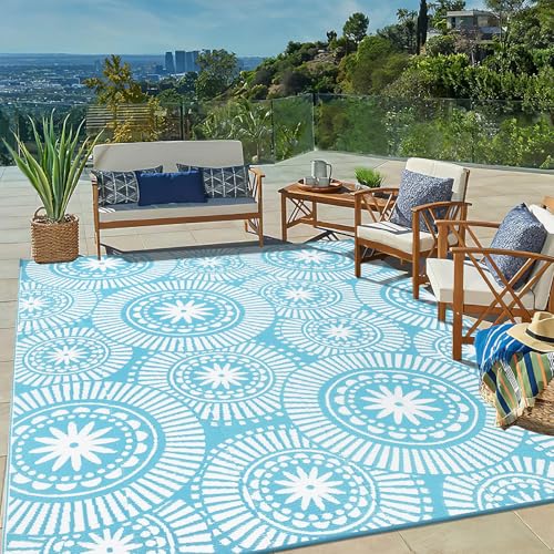 Ileading Large Plastic Outdoor Rug 8x10ft Modern Geometric Style Reversible Patio Area Rugs Waterproof Non Shedding Portable Carpets for Rv Outside Deck Pool Beach Picnic Camping (Teal)