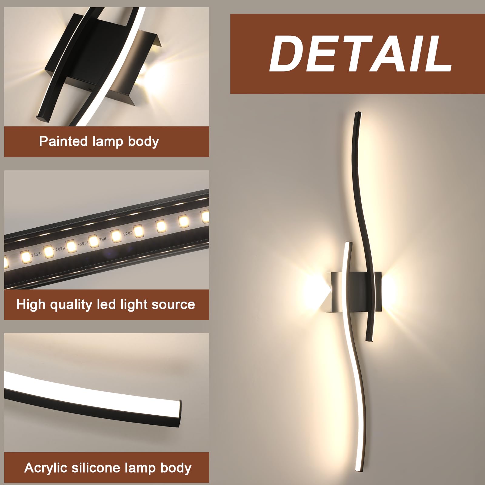 Comely Applique da Parete Interno, 27W 3000LM Lampada da Parete Nero | Moderna Nero Alluminio Minimalista Lampada da Parete LED per Camera da Letto Scale, Luce Neutra 4500K